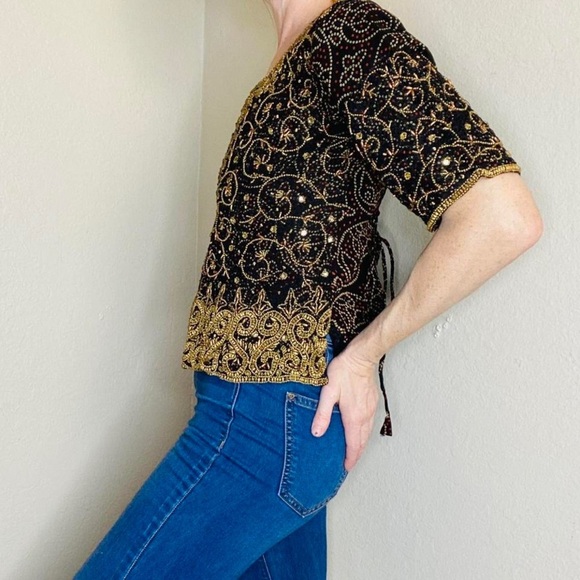 Paaneri India Black & Gold Beaded Sparkly Bohemian Blouse - Picture 6 of 7